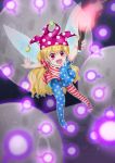  1girl :d absurdres american_flag_legwear american_flag_shirt arm_behind_back arms_up black_background blonde_hair clownpiece commentary_request danmaku eyebrows_visible_through_hair fairy_wings floating foreshortening hat highres holding_torch jester_cap kanonari light_particles long_hair looking_at_viewer moon open_mouth outstretched_arms polka_dot_hat purple_headwear red_eyes smile solo spread_arms torch touhou very_long_hair wings 