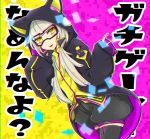  1girl absurdres animal_hood black-framed_eyewear black_jacket black_legwear black_shorts cat_hood chromatic_aberration highres hinaria_darkend hood jacket long_hair long_sleeves looking_at_viewer purple_background shorts simple_background solo standing udondon18 yellow_background yellow_eyes zenonzard 