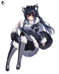  1girl absurdres animal_ear_fluff animal_ears artist_logo artist_name bangs black_hair boots eyebrows_visible_through_hair facial_mark fur_trim highres knee_boots lazbee looking_at_viewer multicolored_hair original red_eyes sidelocks sitting solo tail tail_grab two-tone_hair white_background white_hair 