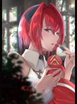  1girl ange_katrina applying_makeup cosmetics cute_mdr hair_ornament hairclip lips lipstick lipstick_tube makeup nijisanji red_hair red_lipstick safety_pin short_hair solo virtual_youtuber 