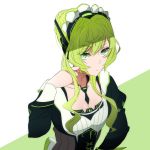  1girl arimon_(dfrgty12) black_neckwear braid braided_bun breasts cleavage finserra_lauracef green_background green_eyes green_hair hand_up headset long_hair long_sleeves maid_headdress sidelocks simple_background small_breasts solo two-tone_background upper_body white_background zenonzard 