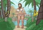  2019 absurd_res barefoot bra breasts brown_hair clothing dart day detailed_background female hair hi_res human human_only looking_down lunate mammal navel not_furry open_mouth outside palm_tree solo standing story story_in_description surprise tree underwear warning_sign water 