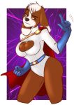  anthro big_breasts bird_dog breasts brown_eyes caek canid canine canis cape cleavage cleavage_cutout clothed clothing cocker_spaniel cosplay costume digital_media_(artwork) domestic_dog female fur hunting_dog keyhole keyhole_turtleneck mammal powergirl scarlet-frost solo spaniel superhero sweater tight_clothing topwear 
