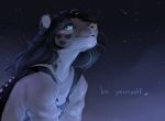  2018 anthro blue_eyes clothed clothing detailed_background digital_media_(artwork) english_text felid feline female fur mammal night outside sky smu solo spots spotted_body spotted_fur star starry_sky text 