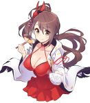  azur_lane blush bowl breasts brown_eyes brown_hair character_request chopsticks cleavage cropped_torso eating food_request hair_between_eyes hori_(hori_no_su) large_breasts long_hair rice_bowl side_ponytail white_background wide_sleeves 