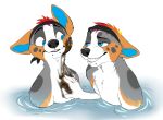  2018 anthro black_nose blue_eyes canid canine canis digital_media_(artwork) domestic_dog duo fur grey_body grey_fur hair male mammal partially_submerged red_hair smile smu 