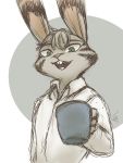  2019 anthro black_stripes buckteeth clothed clothing disney ear_markings facial_markings head_markings head_tuft holding_cup holding_object jack_savage lagomorph leporid looking_at_viewer mammal marema_kishin markings open_mouth open_smile rabbit shirt simple_background smile solo stripes teeth topwear tuft zootopia 