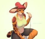  5_fingers anthro areola clothed clothing digital_media_(artwork) eyebrows eyelashes felid feline female fingers hair leopardus mammal navel ocelot orange_eyes red_hair simple_background smile smu solo 