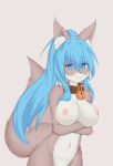  2019 anthro bell bell_collar black_nose blue_hair breasts canid canine collar crossed_arms digital_media_(artwork) female fluffy fluffy_tail fur grey_body grey_fur hair holding_breast inner_ear_fluff kemono long_hair looking_at_viewer mammal multicolored_body multicolored_fur navel nipples nonfatmilk nude pink_nipples ponytail simple_background smile solo standing tuft two_tone_body two_tone_fur white_body white_fur 