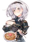  1girl armor black_armor blue_collar bowl breasts chopsticks circlet cleavage cleavage_cutout collar commentary_request donburi eating fingerless_gloves gloves gold_trim green_eyes holding holding_bowl hololive izumi_sai large_breasts medium_hair mole mole_on_breast puffy_sleeves shirogane_noel silver_hair tongue tongue_out virtual_youtuber white_background 