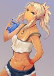  1girl bangs blonde_hair cup dark-skinned_female dark_skin drinking drinking_straw eyebrows_behind_hair eyebrows_visible_through_hair fate/apocrypha fate/grand_order fate_(series) from_side green_eyes grey_background hairband holding jikihatiman long_hair looking_at_viewer mordred_(fate) mordred_(fate/apocrypha) ponytail shorts simple_background solo tan tanlines vest 
