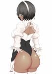  ass back black_hair black_leotard breasts dark_skin headband highres juliet_sleeves large_breasts legs_together leotard long_sleeves mole mole_under_mouth nier_(series) nier_automata parted_lips puffy_sleeves ryu_seung short_hair thighhighs thighs white_blindfold white_headband white_legwear yorha_no._2_type_p 