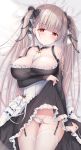  1girl azur_lane bangs bare_shoulders between_breasts black_dress black_nails blush breasts cameltoe cleavage cowboy_shot dress dress_lift earrings eyebrows_visible_through_hair formidable_(azur_lane) frilled_dress frills grey_hair groin hair_ribbon highres jewelry large_breasts lifted_by_self long_hair long_sleeves looking_at_viewer lying on_back panties panty_pull red_eyes ribbon solo sousouman thighhighs twintails underwear very_long_hair white_legwear white_panties 