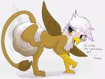  2019 avian beak blush brown_body brown_fur claws diaper english_text feathers feces female feral friendship_is_magic full_diaper fur furgonomics gilda_(mlp) gryphon hi_res looking_back messy_diaper messyszop my_little_pony raised_leg soiling solo talons text white_body white_feathers wings 