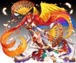  1girl :d apple_caramel ass boots breasts brown_eyes cleavage company_name covered_navel dual_wielding fan feathered_wings feathers flower folding_fan gradient gradient_background grey_background hair_between_eyes hair_flower hair_ornament highres holding kurokishi_to_shiro_no_maou long_hair medium_breasts multicolored_hair official_art open_mouth orange_hair red_hair smile standing standing_on_one_leg thigh_boots thighhighs twintails twisted_torso two-tone_hair very_long_hair watermark white_footwear wings 