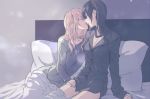  2girls aihara_mei aihara_yuzu bed black_hair blonde_hair breasts citrus_(saburouta) cleavage closed_eyes hand_on_another&#039;s_thigh highres imminent_kiss multiple_girls pajamas pillow sitting yuri 