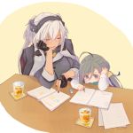  2girls ahoge black_gloves black_nails book bow bowtie breasts capelet closed_eyes coaster colis collar cup dark_skin dress drink drinking_glass eraser glasses gloves grey_eyes grey_hair hair_between_eyes headgear kantai_collection kikumon kiyoshimo_(kantai_collection) large_breasts long_hair low_twintails multiple_girls musashi_(kantai_collection) nail_polish notebook partly_fingerless_gloves pencil platinum_blonde_hair remodel_(kantai_collection) semi-rimless_eyewear shirt short_hair_with_long_locks sitting sleeveless sleeveless_dress studying table tall twintails two-tone_background two_side_up under-rim_eyewear very_long_hair white_background white_shirt yellow_background 