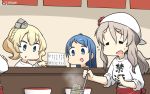  3girls alternate_costume alternate_hairstyle blonde_hair blue_eyes blue_hair blush closed_eyes colorado_(kantai_collection) cooking eyebrows_visible_through_hair garrison_cap gradient_hair grey_hair hair_between_eyes hamu_koutarou hat headgear highres kantai_collection long_hair long_sleeves looking_at_viewer menu multicolored_hair multiple_girls open_mouth pola_(kantai_collection) ponytail samidare_(kantai_collection) shirt short_hair side_braids smile sweatdrop wavy_hair white_shirt 