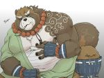  2019 anthro belly brown_body brown_fur canid canine cddi_h fur gyobu humanoid_hands leaf male mammal moobs nipples one_eye_closed overweight overweight_male raccoon_dog scar solo tanuki tattoo tokyo_afterschool_summoners video_games wink 