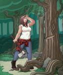  2019 absurd_res axe bottomwear breasts brown_hair clothing detailed_background female forest hair hi_res human human_only lunate mammal melee_weapon not_furry outside pants plaid solo standing story story_in_description tree weapon 