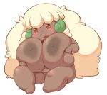  2019 areola big_breasts blush breasts brown_body brown_skin featureless_feet female hand_on_breast hi_res huge_breasts humanoid nintendo nipples open_mouth pok&eacute;mon pok&eacute;mon_(species) radiowave simple_background solo video_games whimsicott white_background 