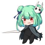  1girl bailingxiao_jiu bangs black_bodysuit black_cloak blue_bow blue_flower blush bodysuit bow cloak commentary_request double_bun eyebrows_visible_through_hair fang flower full_body green_hair hair_between_eyes hair_bow hair_flower hair_ornament holding holding_weapon hollow_knight hollow_knight_(character) hololive long_hair open_mouth red_eyes simple_background solo standing uruha_rushia virtual_youtuber weapon white_background 