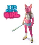  2019 angry anthro ball_gag bat_(object) bottomwear chiropteran clothing collar corablue english_text footwear fur gag gloves hair handwear horn kullax legwear male mammal navel pink_body pink_eyes pink_fur shoes shorts simple_background socks solo standing text white_background white_hair 