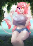 2019 anthro big_breasts bottomwear breasts candy_(dannyckoo) choker clothing dannyckoo dessert domestic_cat felid feline felis female food hair heterochromia ice_cream jewelry long_hair looking_at_viewer mammal navel necklace outside pink_hair pink_nose shirt shorts sitting smile solo tongue tongue_out topwear tresertf water 