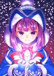  1girl bangs beanie blue_coat blue_dress blue_gloves blue_headwear blush bow box coat dress fate/grand_order fate/grand_order_arcade fate_(series) fur-trimmed_coat fur-trimmed_dress fur_trim gift gift_box gloves gradient gradient_background hat helena_blavatsky_(christmas)_(fate) helena_blavatsky_(fate/grand_order) highres hooded_coat large_bow long_sleeves looking_at_viewer matsuryuu open_clothes open_coat open_mouth purple_background purple_eyes purple_hair short_hair simple_background smile snowing solo 