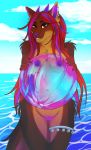  2019 anthro areola breasts canid canine day detailed_background digital_media_(artwork) ear_piercing ear_ring eyebrows eyelashes female hair kittentits mammal nipples outside piercing pussy red_eyes red_hair sky smile solo 