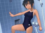  1girl absurdres against_wall bathroom black_eyes black_hair blue_swimsuit breasts commentary_request competition_school_swimsuit cowboy_shot highres looking_at_viewer lvi medium_breasts namesake original school_swimsuit short_hair shower_head smile solo standing swimsuit tile_wall tiles tsurime upper_body 