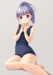  1girl bangs bare_arms bare_legs bare_shoulders barefoot blue_swimsuit collarbone commentary_request eyebrows_visible_through_hair grey_background hands_together hands_up high_ponytail highres looking_at_viewer old_school_swimsuit one-piece_swimsuit open_mouth original own_hands_together ponytail purple_eyes purple_hair school_swimsuit shadow shibacha sitting solo swimsuit yokozuwari 