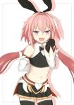  1boy arm_behind_back astolfo_(fate) astolfo_(saber)_(fate) bangs bare_shoulders black_bow black_gloves black_legwear black_ribbon blush bow bowtie commentary_request fang fate/grand_order fate_(series) gloves hair_between_eyes hair_bow hair_intakes hair_ribbon highres long_hair long_sleeves looking_at_viewer multicolored_hair navel otoko_no_ko pink_hair purple_eyes ribbon simple_background smile solo streaked_hair syuteki thighhighs twintails white_background white_hair 