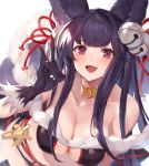  1girl animal_ears bangs bare_shoulders bell black_gloves black_hair blush breasts cleavage collarbone erune fang fox_ears fox_shadow_puppet fox_tail fur_trim gloves granblue_fantasy hair_bell hair_ornament highres jingle_bell large_breasts long_hair looking_at_viewer open_mouth oyu_(sijimisizimi) red_eyes simple_background smile solo tail white_background yuel_(granblue_fantasy) 