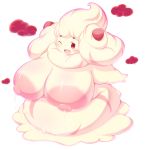  2019 alcremie areola big_areola big_breasts bodily_fluids breasts female food food_creature fruit goo_creature hi_res huge_breasts lactating looking_at_viewer nintendo nipples not_furry one_eye_closed open_mouth overweight overweight_female plant pok&eacute;mon pok&eacute;mon_(species) radiowave simple_background solo strawberry video_games white_background wink 