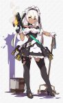  1girl artist_request bucket character_request commentary_request copyright_request gloves gun high_heels highres maid maid_headdress mop solo submachine_gun tan thighhighs trigger_discipline weapon white_hair yellow_eyes 