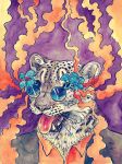 anthro body_horror clothed clothing digital_media_(artwork) eyewear felid fungus fur glasses male mammal maquenda mushroom open_mouth pantherine simple_background smoke snow_leopard solo teeth tongue tongue_out 