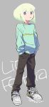  1boy casual closed_mouth denim green_hair hands_in_pockets highres jeans lio_fotia long_sleeves mago male_focus pants promare purple_eyes shoes short_hair sneakers solo standing 