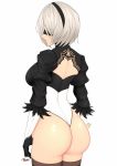  artist_name ass back black_blindfold black_headband blindfold breasts headband highres juliet_sleeves large_breasts legs_together leotard long_sleeves mole mole_under_mouth nier_(series) nier_automata parted_lips puffy_sleeves ryu_seung short_hair signature solo thighhighs thighs thong_leotard white_hair white_leotard yorha_no._2_type_b 