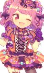  1girl ;d back_bow bang_dream! bangs black_neckwear bow bowtie candy_hair_ornament clenched_hand cross-laced_clothes dress earrings food_themed_hair_ornament garter_straps ghost gloves hair_ornament halloween halloween_costume head_wings jack-o&#039;-lantern jewelry looking_at_viewer maruyama_aya mismatched_legwear one_eye_closed open_mouth pantyhose pink_eyes pink_hair polka_dot_neckwear pompom_daria print_bow purple_bow purple_gloves short_sleeves simple_background single_leg_pantyhose smile solo star star_print striped striped_dress white_background 