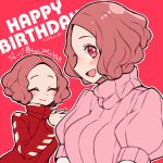  1girl artist_name birthday blush brown_hair closed_eyes commentary_request do_m_kaeru english_text jacket long_sleeves okumura_haru persona persona_5 pink_sweater red_background ribbed_sweater short_over_long_sleeves short_sleeves solo sweater track_jacket translation_request turtleneck turtleneck_sweater upper_body 