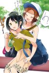  2girls ^_^ bag black_hair blush brown_hair closed_eyes drink hat hug iizuka_yuzu ikeno_kaede multiple_girls sakura_trick short_hair sitting slippers tachi_(gutsutoma) translation_request tree 