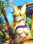  2019 absurd_res accessory ar-15 big_breasts blonde_hair breasts butterfly_clip canid canine eyewear facial_piercing female fennec fox glasses gun hair hair_accessory hairclip hi_res hihikori kaiyonato mammal navel navel_piercing nipples piercing raised_clothing raised_shirt ranged_weapon rifle smile weapon 