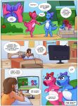  2019 angry anthro bed birdo blue_body breasts brown_hair butt comic dabunnox detailed_background dialogue eyes_closed female furniture group hair human male mammal mario_bros nintendo nintendo_entertainment_system nude on_bed open_mouth pink_body post_transformation ribbons smile television video_games 