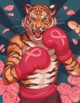  boxing_gloves breast_cancer_awareness clothing fangs felid flower handwear kaitycuddle looking_at_viewer male mammal open_mouth pantherine pink_nose plant stripes teeth tiger tongue whiskers 