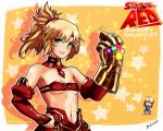  absurdres artoria_pendragon_(all) bangs bare_shoulders blonde_hair braid breasts character_name chibi demonx20 fate/apocrypha fate/grand_order fate/stay_night fate_(series) green_eyes hair_ornament highres infinity_gauntlet infinity_gems long_hair looking_at_viewer marvel mordred_(fate) mordred_(fate)_(all) navel parody ponytail red_scrunchie saber scrunchie smile snapping_fingers star thanos 