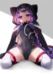  1girl arm_up armor black_cape black_gloves black_leotard braid breastplate cape collar commentary_request covered_mouth covered_navel fate/grand_order fate_(series) fingerless_gloves gloves hand_to_own_mouth hood leotard long_braid long_hair medusa_(lancer)_(fate) ponytail purple_eyes purple_hair sitting solo spread_legs thigh_strap thighhighs thighs ushiwa very_long_hair white_legwear 