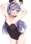  1girl absurdres animal_ears armpits arms_up bangs blue_hair blush bunny_ears bunny_girl bunny_tail bunnysuit commentary_request cowboy_shot fake_animal_ears hair_between_eyes highres long_hair looking_at_viewer love_live! love_live!_school_idol_project nagisa_iori open_mouth simple_background smile solo sonoda_umi standing tail white_background wrist_cuffs 