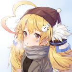  1girl :o ahoge azur_lane bangs beanie black_shirt blonde_hair blush breath brown_headwear commentary_request eldridge_(azur_lane) eyebrows_visible_through_hair facial_mark grey_jacket grey_scarf hair_between_eyes hair_ornament hair_through_headwear hairclip hat highres jacket long_hair open_clothes open_jacket parted_lips ponta_(velmar) red_eyes scarf shirt snowman_hair_ornament solo twintails upper_body 