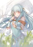  1girl aqua_dress aqua_hair artist_name bangs blush dress fire_emblem fire_emblem:_the_blazing_blade fire_emblem_heroes flower grass hair_ornament haiyun highres holding holding_flower long_hair looking_at_viewer ninian_(fire_emblem) orange_eyes shawl simple_background smile snowflakes solo white_flower 